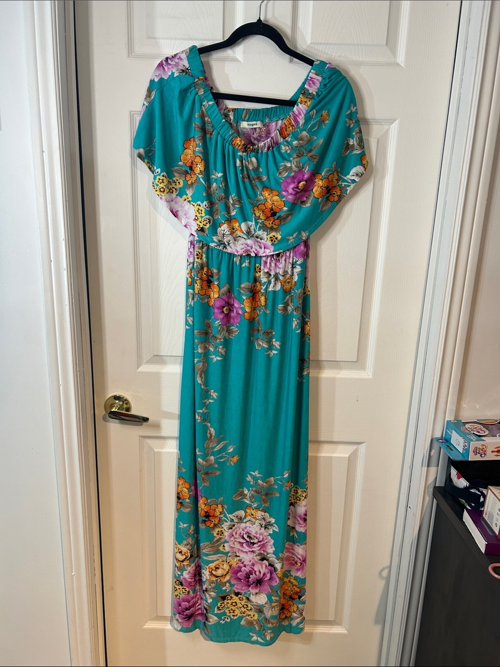 Floral Teal Maxi Dress with Elastic Waist